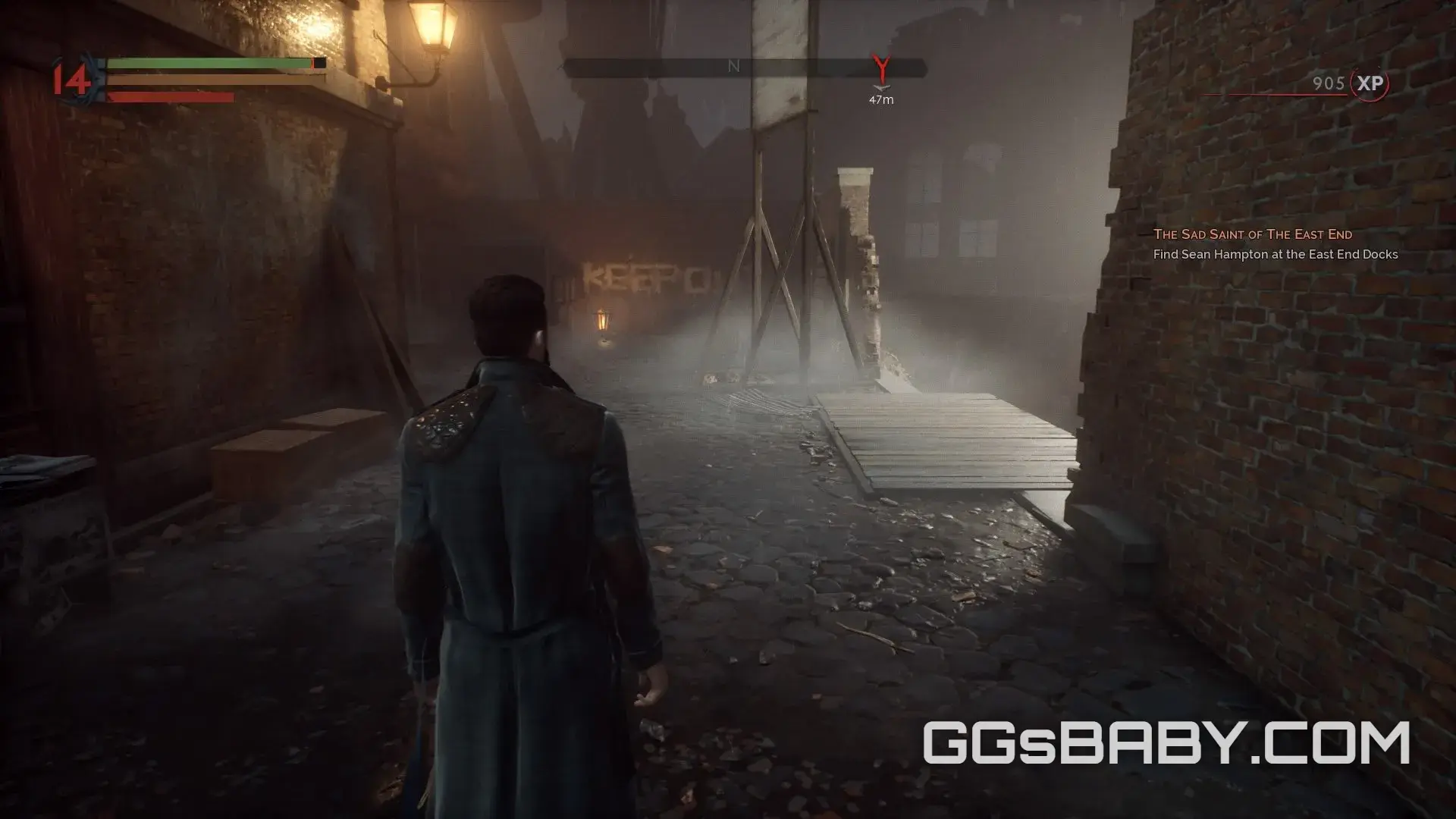 A third-person view of Jonathan Reid in foggy, cobblestone London at night via ggsbaby.com