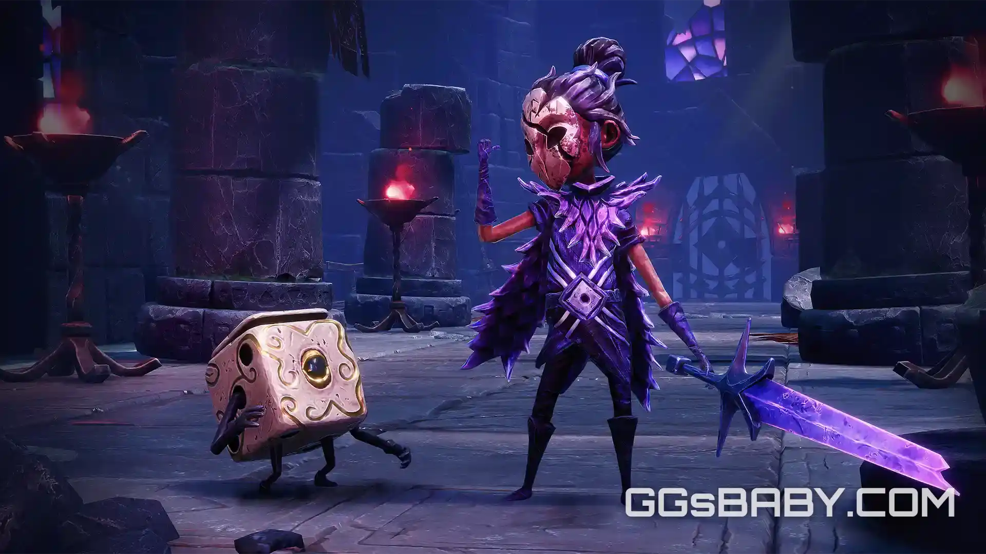 Aleksandra standing in a gothic hall with her glowing purple sword alongside her dice companion Fortuna via ggsbaby.com