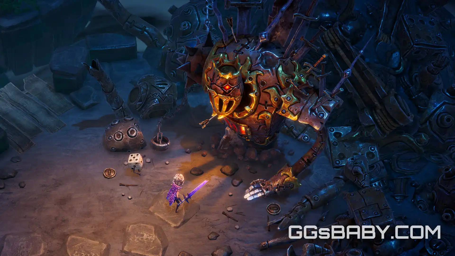 Aleksandra facing a giant mechanical boss with a glowing red eye in a scrapyard arena via ggsbaby.com
