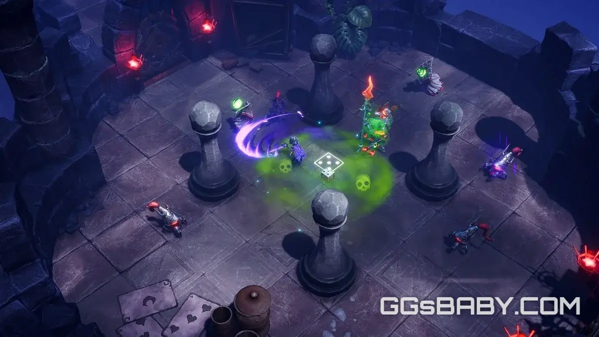 Aleksandra swinging a sword near a glowing die and green poison pool during isometric combat via ggsbaby.com