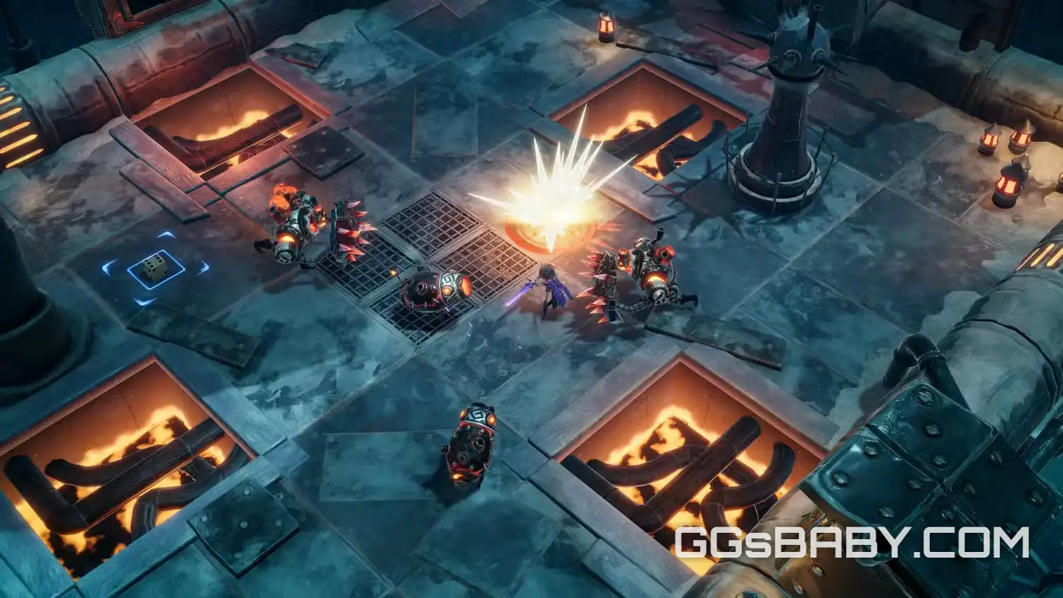 Aleksandra striking mechanical enemies on an industrial floor grid with glowing fire pits via ggsbaby.com