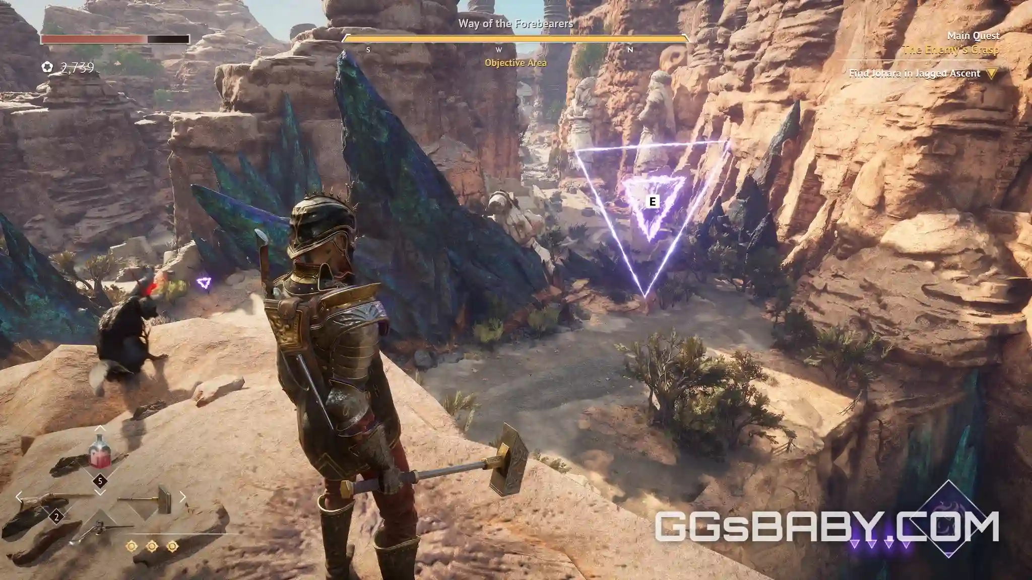 Armored female character wearing a skull helmet holds a pickaxe alongside a fox companion in a market via ggsbaby.com