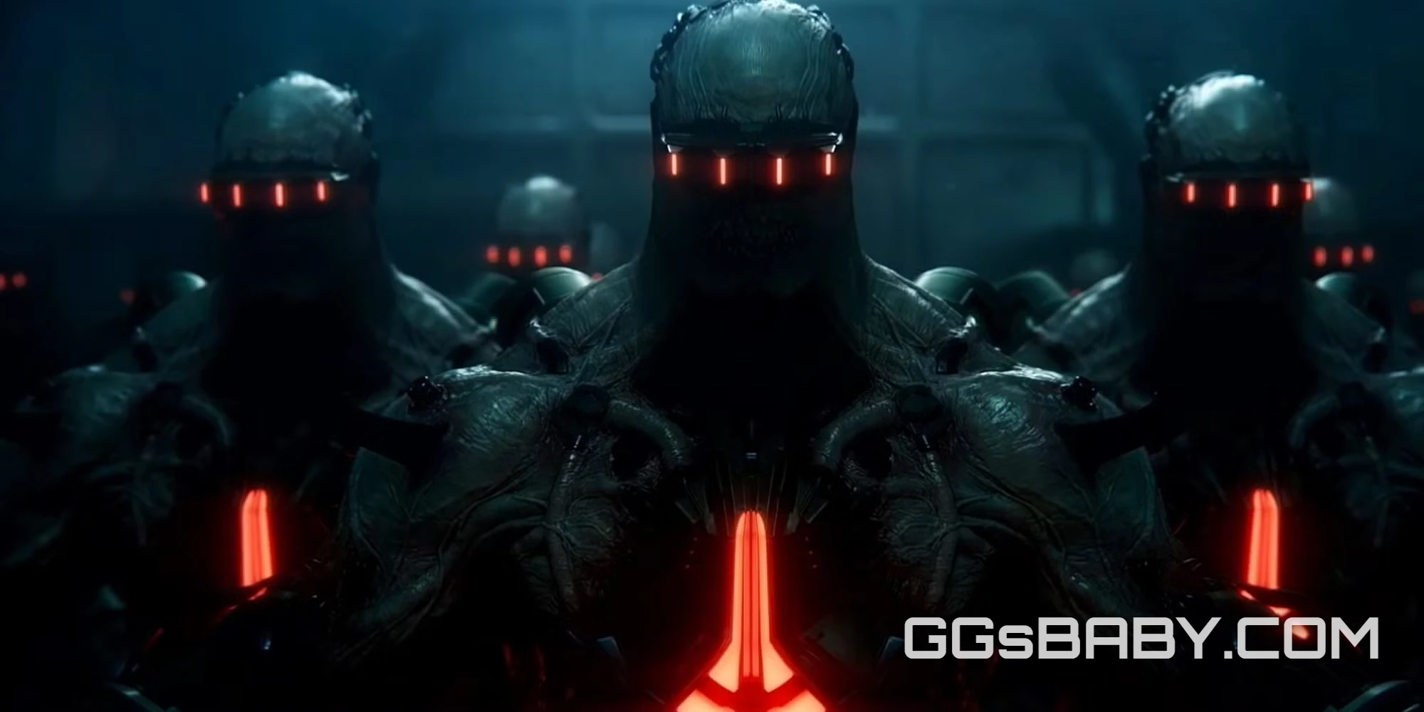 Cybernetically enhanced ZEDs with glowing red visors marching in Killing Floor 3 via ggsbaby.com