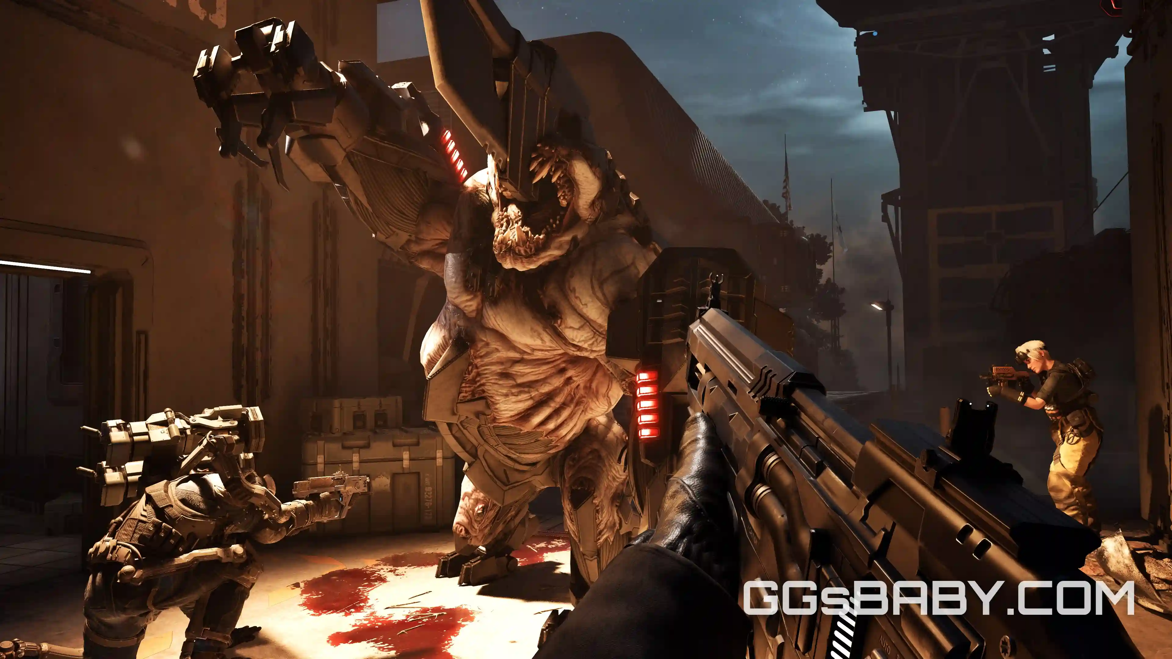 Squad members shooting a massive cybernetic Fleshpound boss in Killing Floor 3 via ggsbaby.com