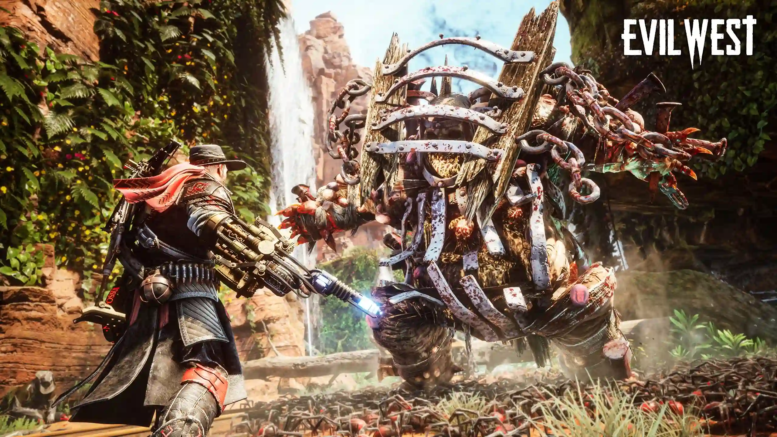 Jesse Rentier facing off against a giant chained brute boss in front of a waterfall via ggsbaby.com