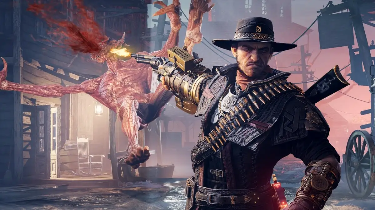 Jesse Rentier shooting a winged vampire monster point-blank in a frontier town street via ggsbaby.com