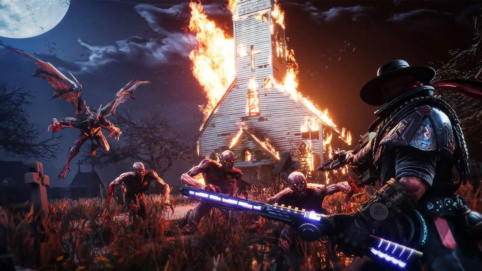 Jesse Rentier aiming an electrified rifle at a swarm of vampires near a burning church via ggsbaby.com