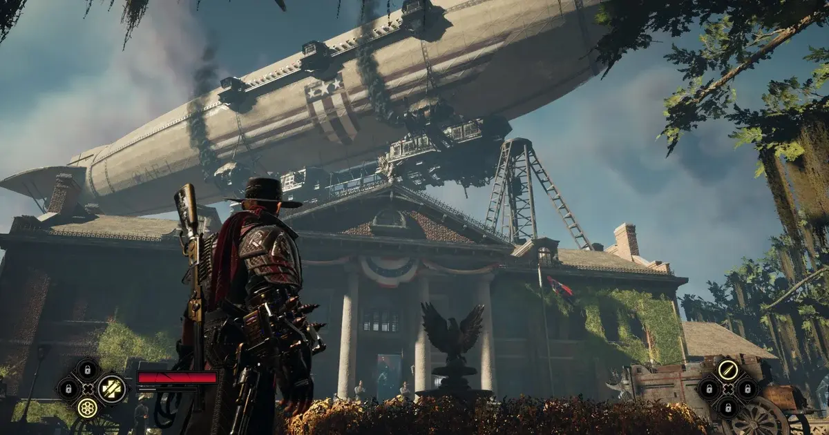 Jesse Rentier standing before an institute mansion with a massive airship docked above via ggsbaby.com