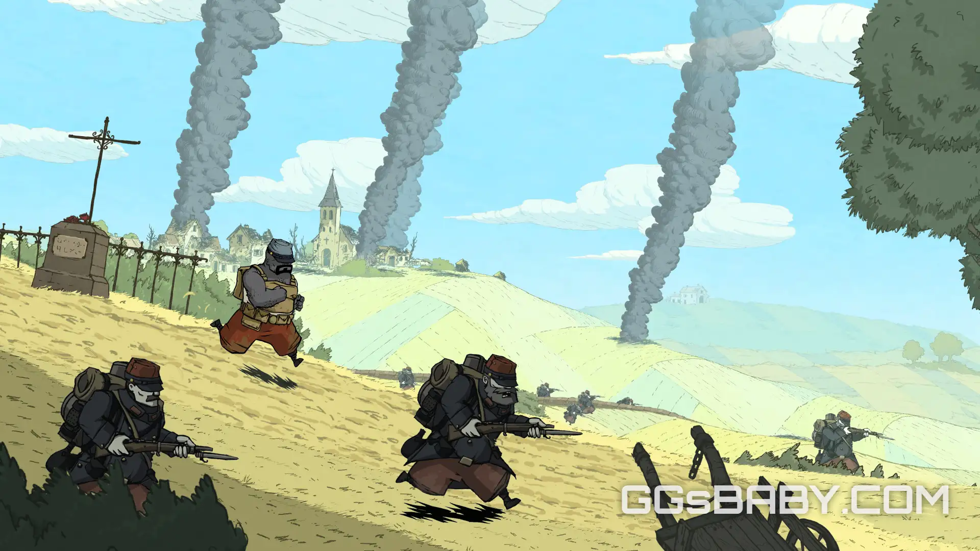 Allied soldiers run across a countryside battlefield as a village burns in the distance via ggsbaby.com