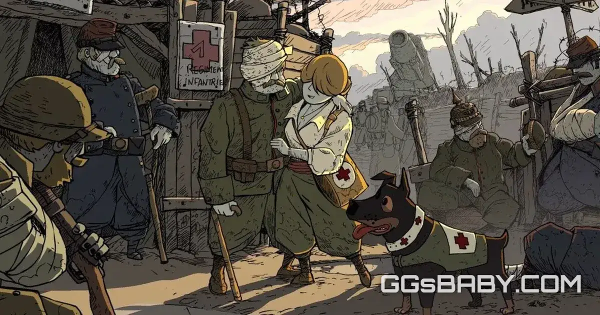 A nurse comforts a wounded soldier with a bandaged head in a trench, with a medical dog via ggsbaby.com