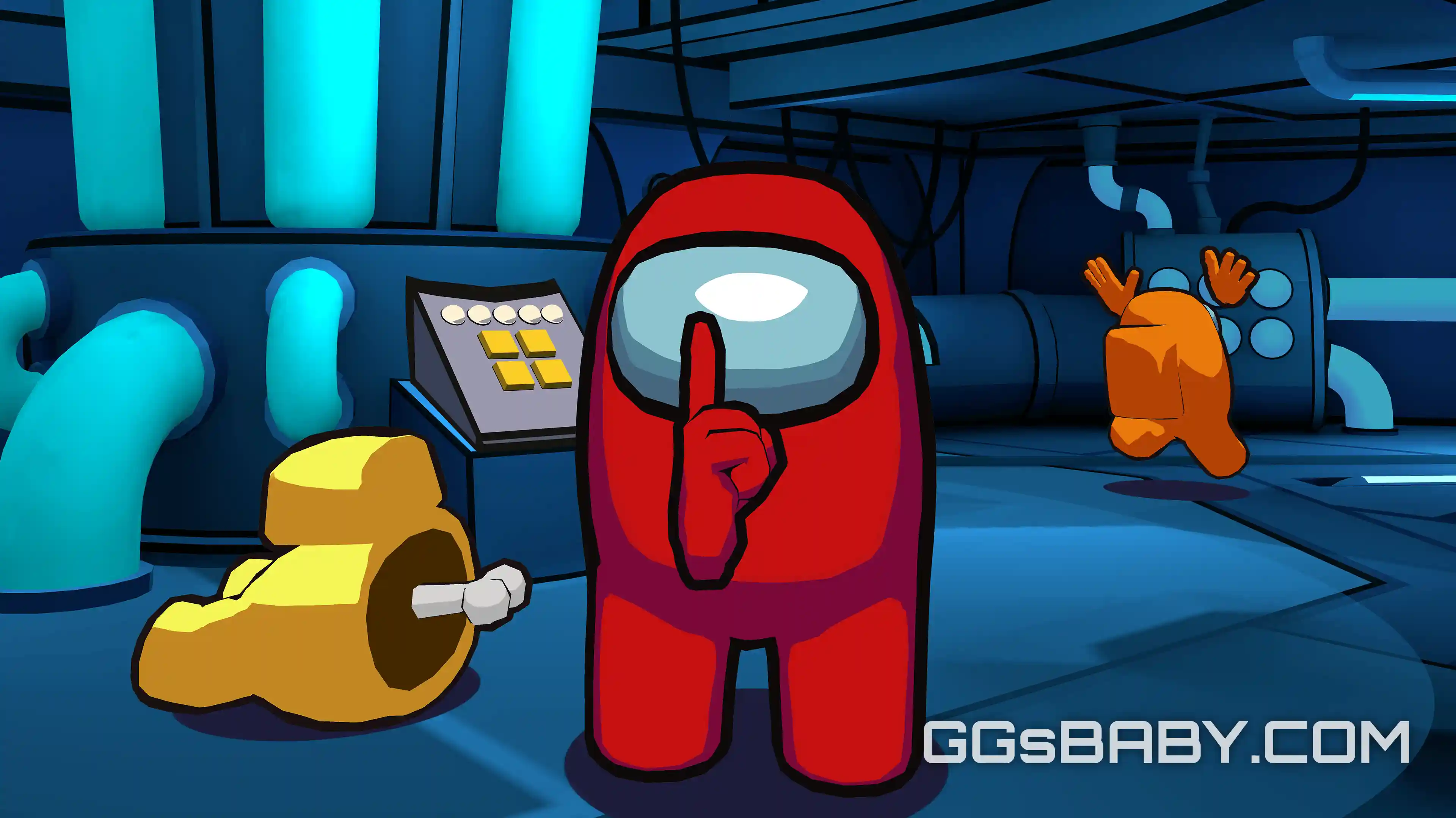 Red Among Us Impostor makes a shushing gesture after killing a yellow crewmate in the Electrical room via ggsbaby.com