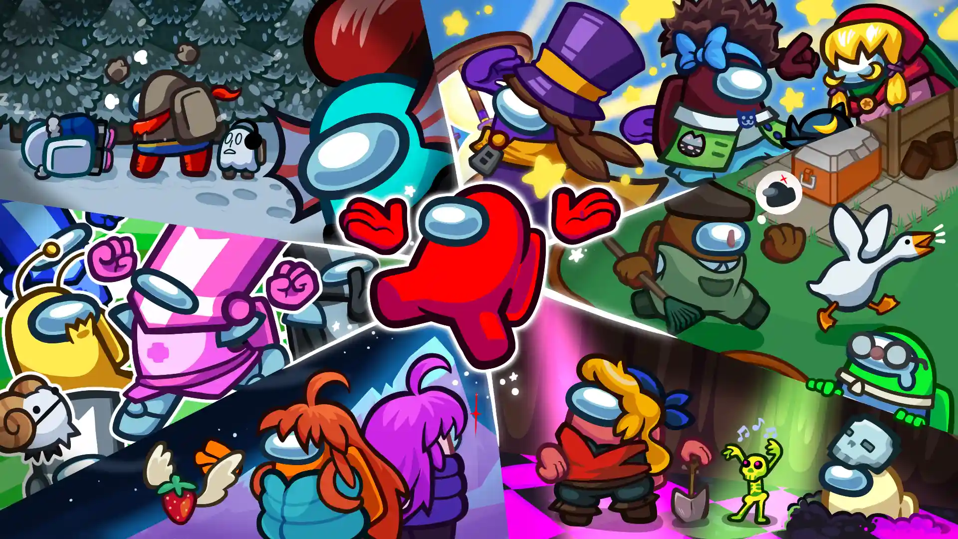Among Us collage art featuring crossovers with indie games like A Hat in Time and Celeste via ggsbaby.com