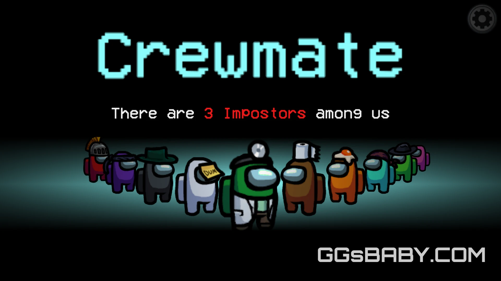 A Among Us "Crewmate" screen showing a lineup of characters and text indicating 3 Impostors via ggsbaby.com