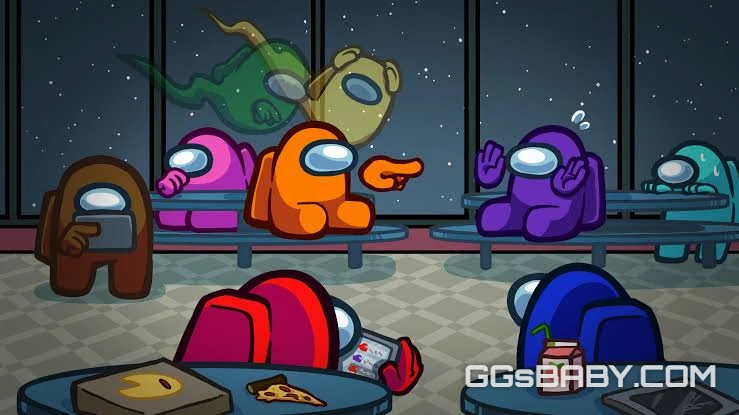 Orange Among Us character points accusingly at a purple character during a Cafeteria emergency meeting via ggsbaby.com